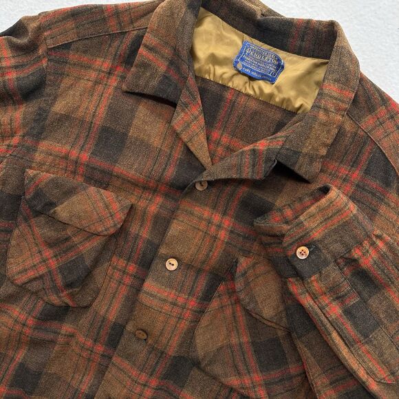 VTG 1960s Pendleton Wool Board Shirt Large Loop Collar Button Up Plaid Brown Red - Picture 1 of 13